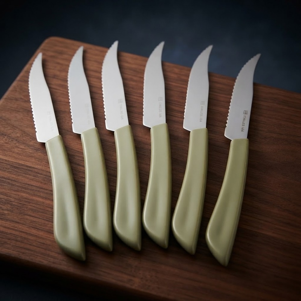Vintage Ekco Steak Knives Set of 6 Green Handles Curved Serrated Stainless USA